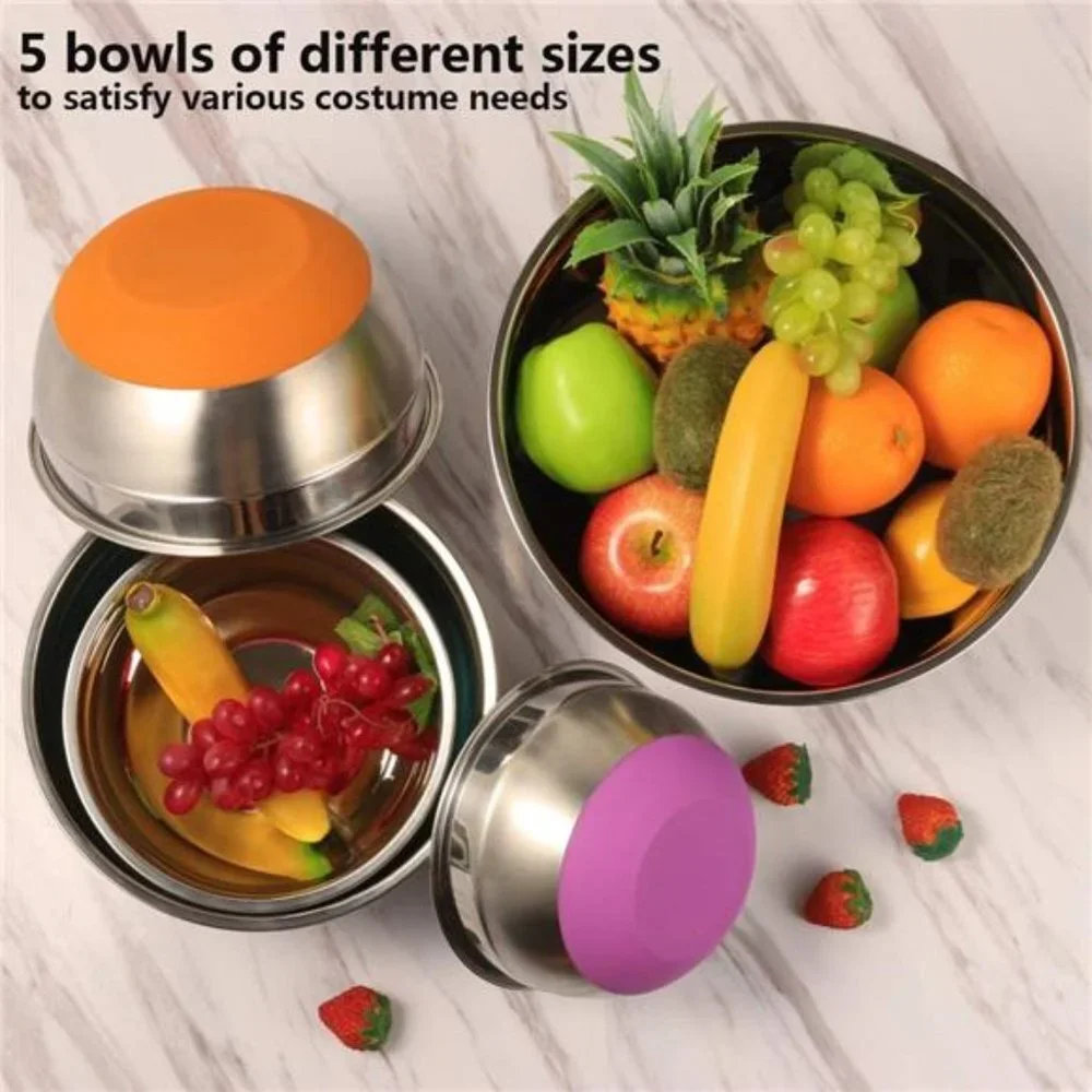 Set of 5 Stainless Steel Mixing Bowls Non Slip Colorful Silicone Bottom
